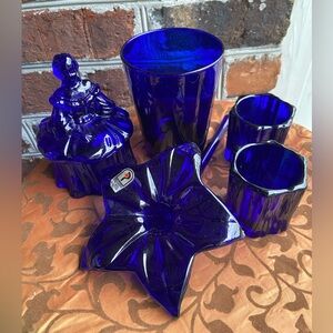 Collection of Colbalt Blue Glass, Mosser Powder Box, Pilgram Stem Vase, Votives